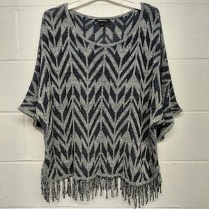 Relativity Sweater Womens Size XL Blue White Chevron Fringe Boho Dolman Sleeve